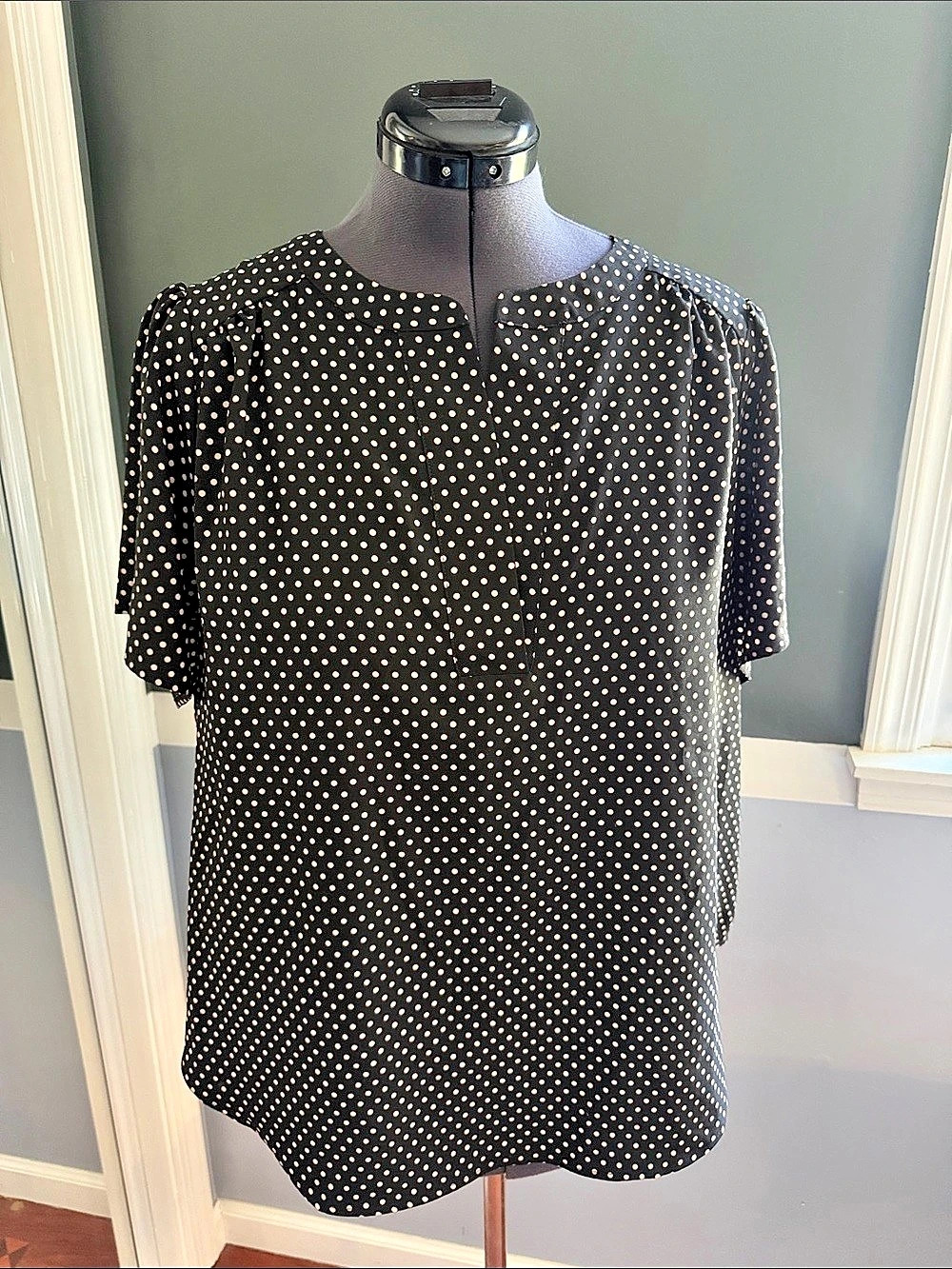 Ann Taylor Polka Dot Short Sleeve Blouse in Black & Pink Size XL